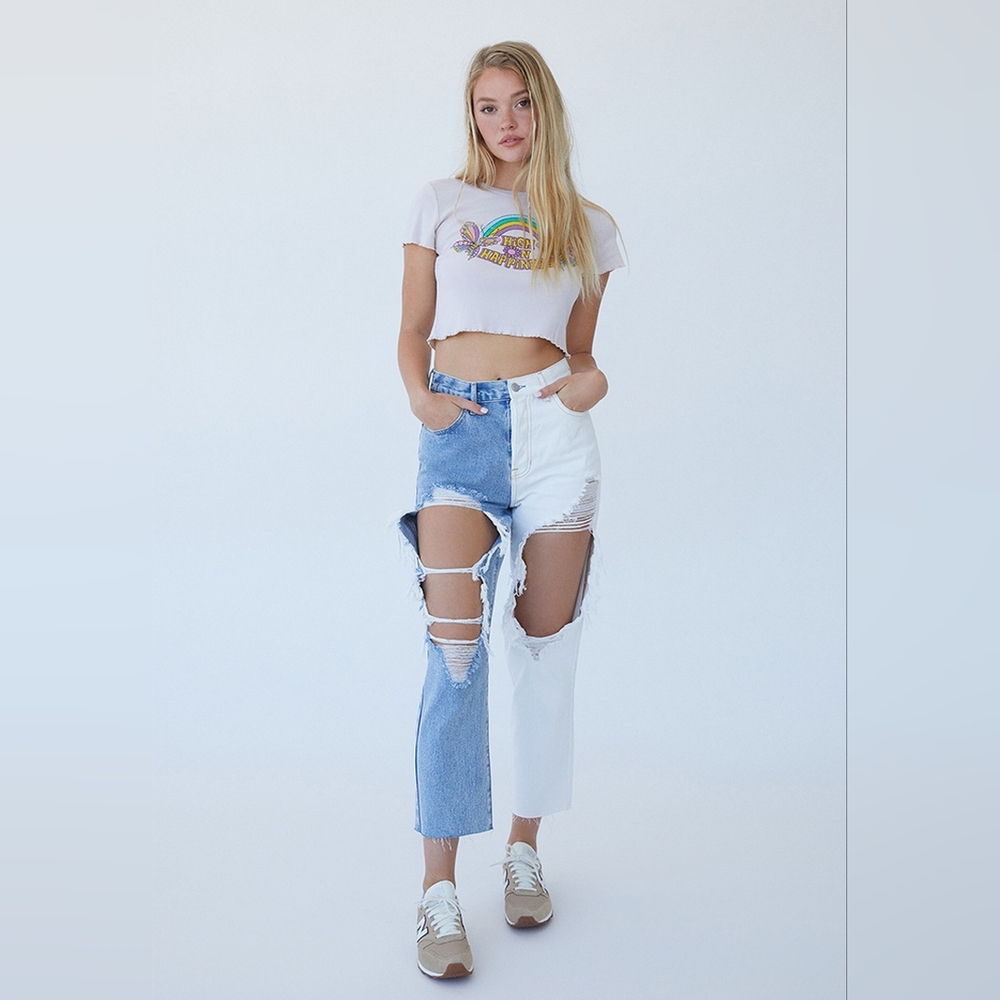 PacSun Tow Tone Distressed High Rise Waist Straight Leg Jeans Denim Women 28